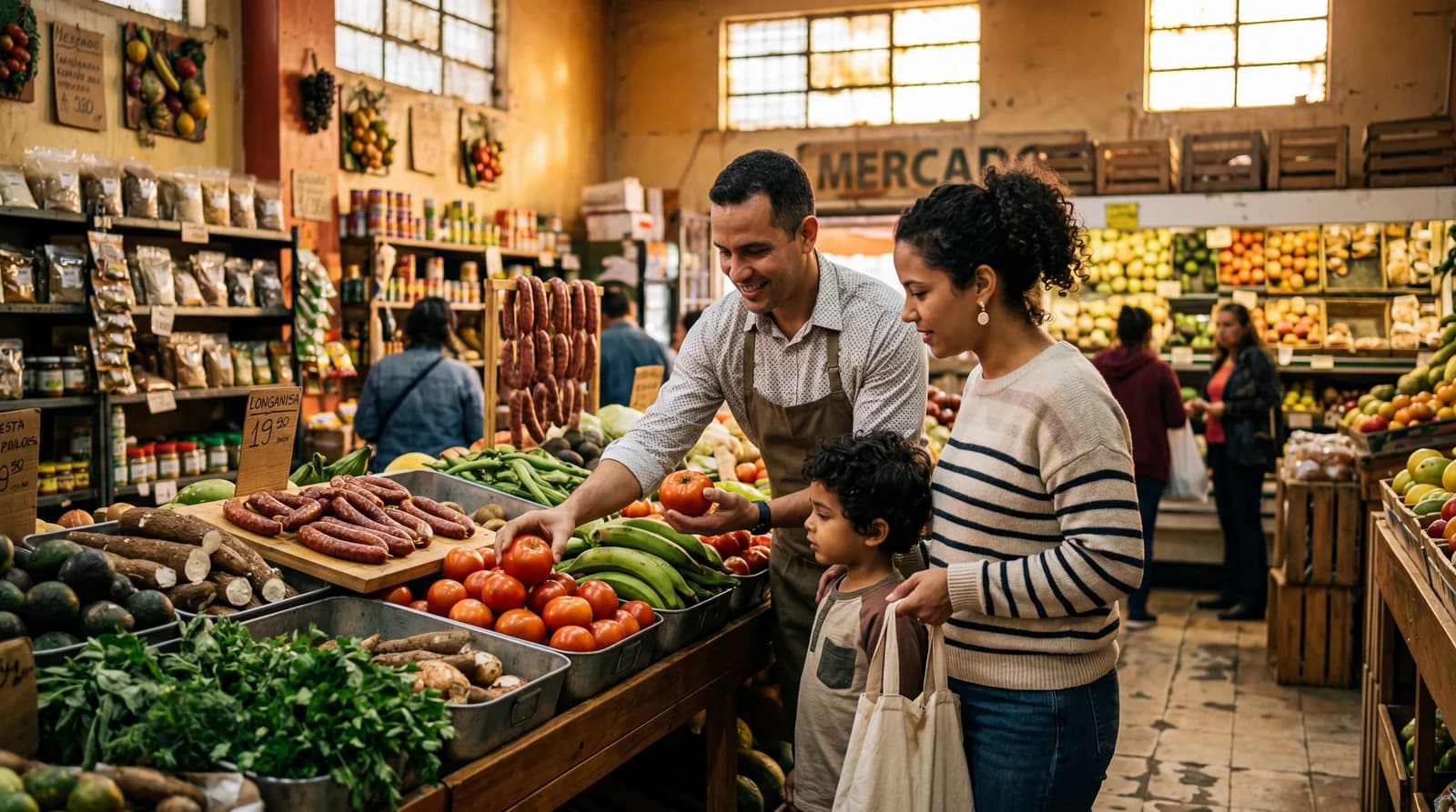 A family selecting fresh produce at a neighborhood grocery store